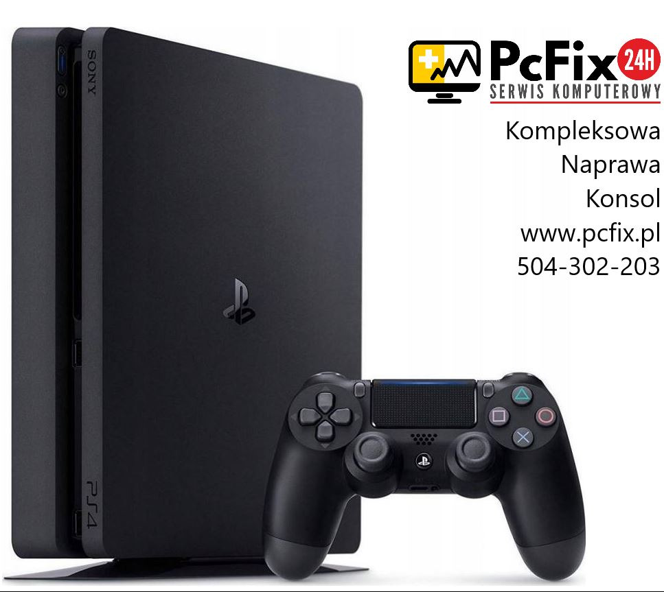 Czarna konsola PS4 Slim z kontrolerem DualShock 4 na białym tle, widoczne logo serwisu komputerowego PcFix24h z adresem strony i numerem telefonu.