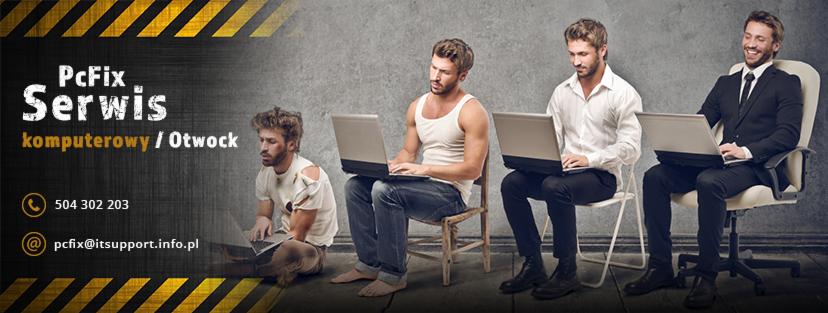 Ewolucja użytkownika komputera: od zaniedbanego do eleganckiego biznesmena, wszyscy pracujący na laptopach na tle szarej ściany, z widocznym logo serwisu komputerowego PcFix.