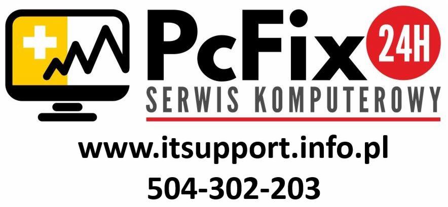 Logo firmy PcFix 24H, oferującej serwis komputerowy, z adresem strony internetowej itsupport.info.pl i numerem telefonu 504-302-203.