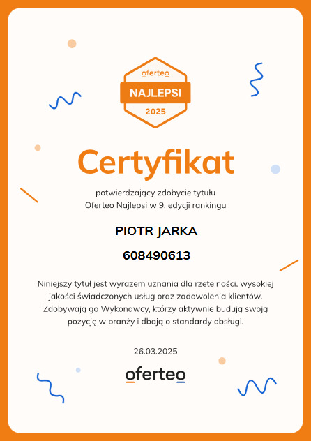 Certyfikat Oferteo Najlepsi 2025 dla Piotra Jarki, potwierdzający zdobycie tytułu w 9. edycji rankingu, przyznawany za rzetelność i wysoką jakość świadczonych usług.