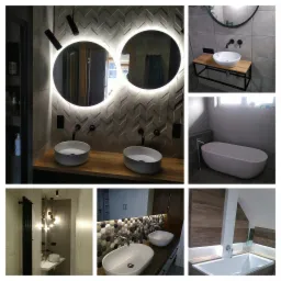 Kompozycja zdjęć przedstawiających różne aranżacje łazienek: umywalki nablatowe z bateriami w kolorze czarnym, okrągłe lustra z podświetleniem LED, geometryczne płytki na ścianach, wolnostojąca wanna.