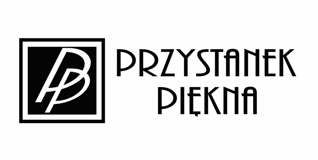 Logo firmy z czarnym, geometrycznym symbolem w kwadracie oraz napisem 'PRZYSTANEK PIĘKNA' w czcionce art deco.