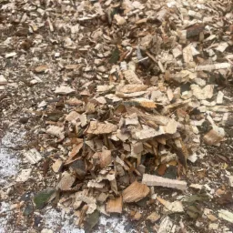 Kupa świeżych zrębk&oacute;w drzewnych z widocznymi śladami cięcia i drobnymi fragmentami kory.