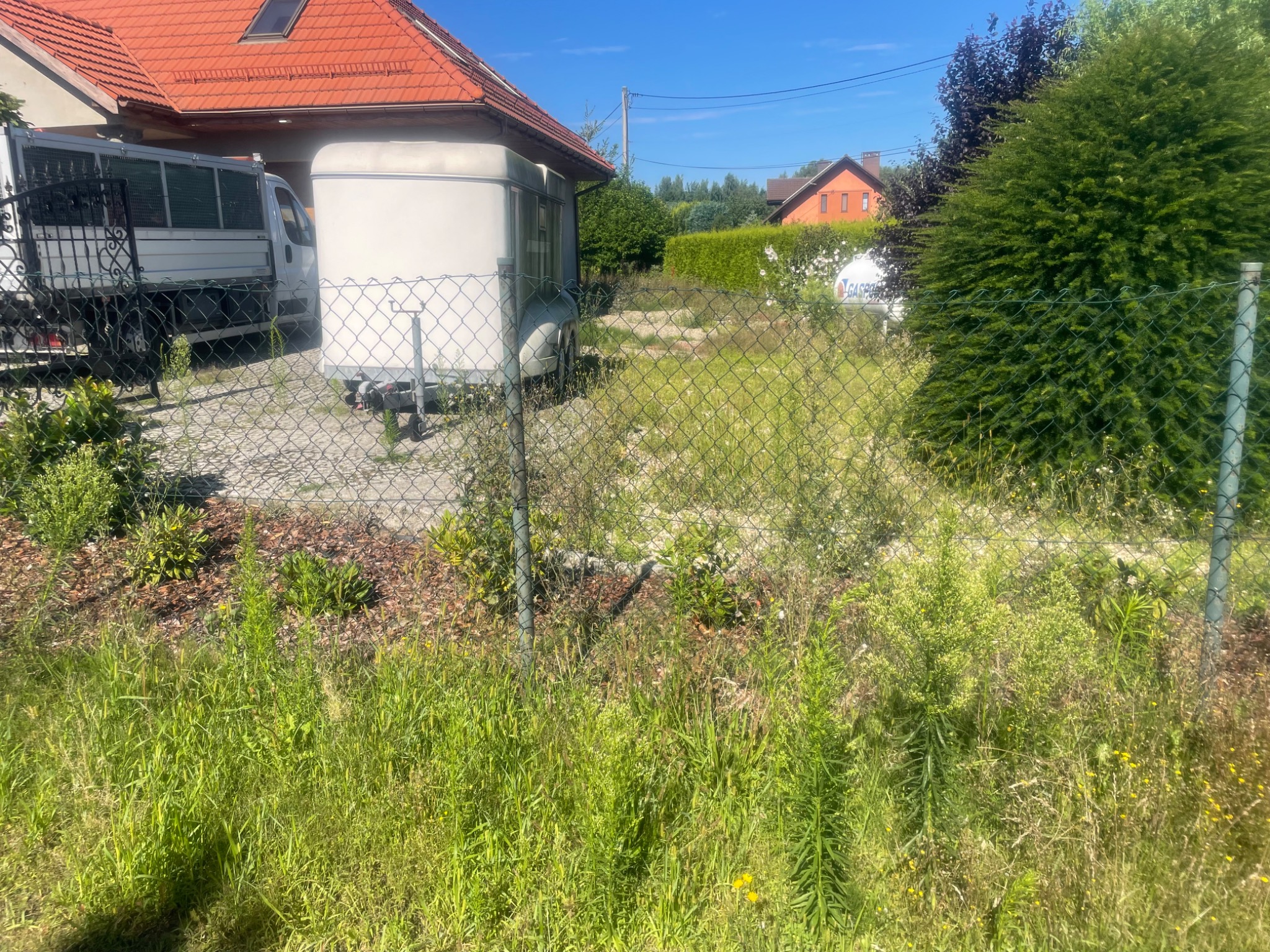 Zarośnięta działka z przyczepą i samochodem dostawczym w tle, widok przez metalową siatkę ogrodzeniową. Wysoka trawa i chwasty na pierwszym planie.