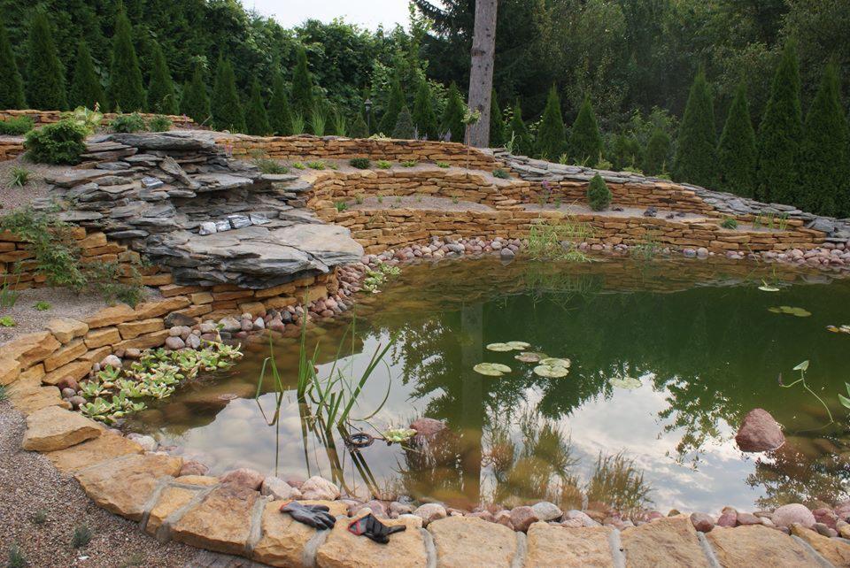 Oczko wodne z kaskadą skalną, obłożone kamieniami, roślinnością wodną i otoczone iglakami; robocze rękawice leżą na pierwszym planie.