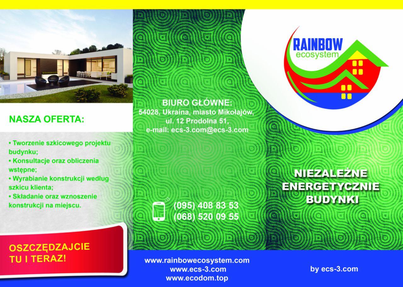 Folder reklamowy firmy Rainbow Ecosystem z wizualizacją nowoczesnego, energooszczędnego domu z płaskim dachem i dużymi przeszkleniami, ofertą tworzenia projektów i wznoszenia konstrukcji...