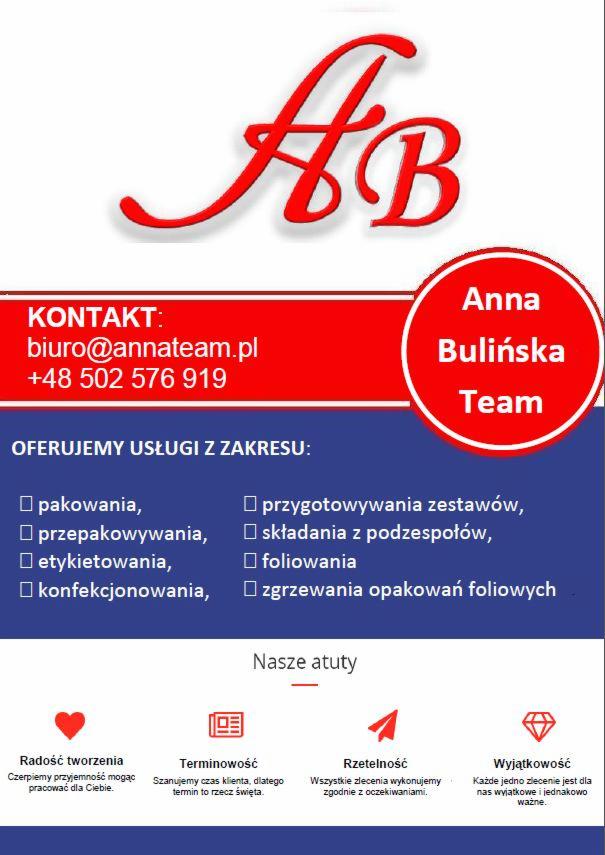 Ulotka reklamowa firmy Anna Bulińska Team oferującej usługi z zakresu pakowania, przepakowywania, etykietowania, konfekcjonowania, przygotowywania zestawów, składania z podzespołów, foliowania...