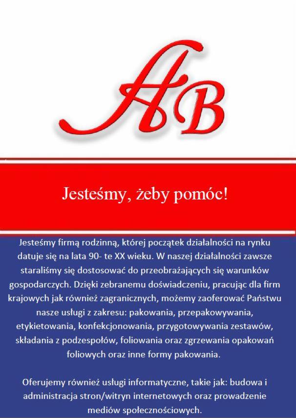 Logo firmy AB z czerwonym napisem na białym tle, pod spodem hasło 'Jesteśmy, żeby pomóc!' na czerwonym pasku, a niżej opis działalności firmy obejmujący pakowanie, konfekcjonowanie i usługi...