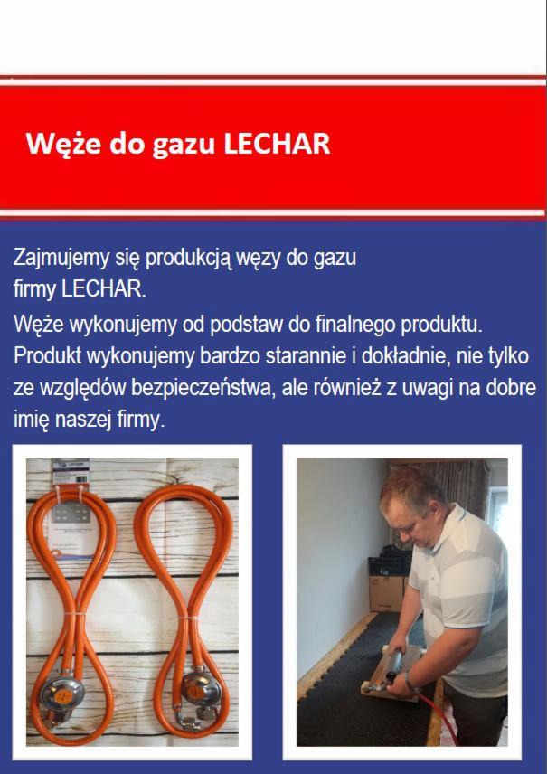 Prezentacja firmy LECHAR produkującej węże do gazu: dwa węże gazowe na drewnianym tle oraz pracownik podczas montażu węża.