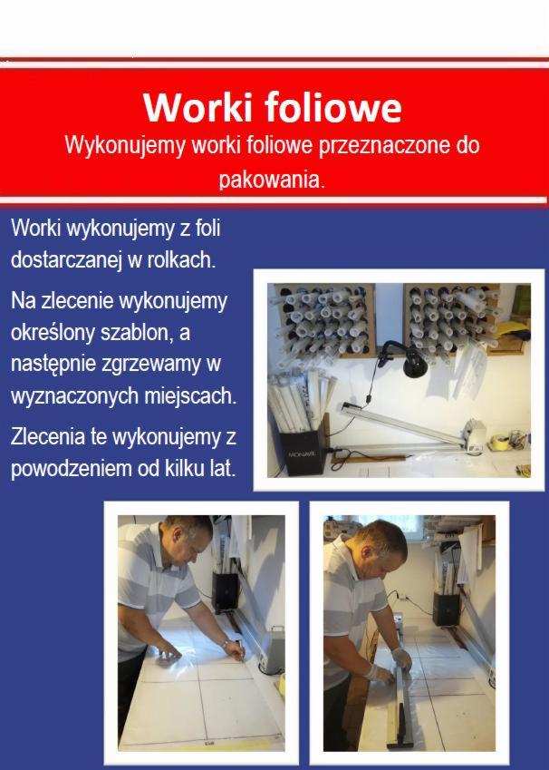 Produkcja worków foliowych w Chełmku: Pracownik przy maszynie zgrzewającej folię, widoczne szablony i materiały do pakowania.