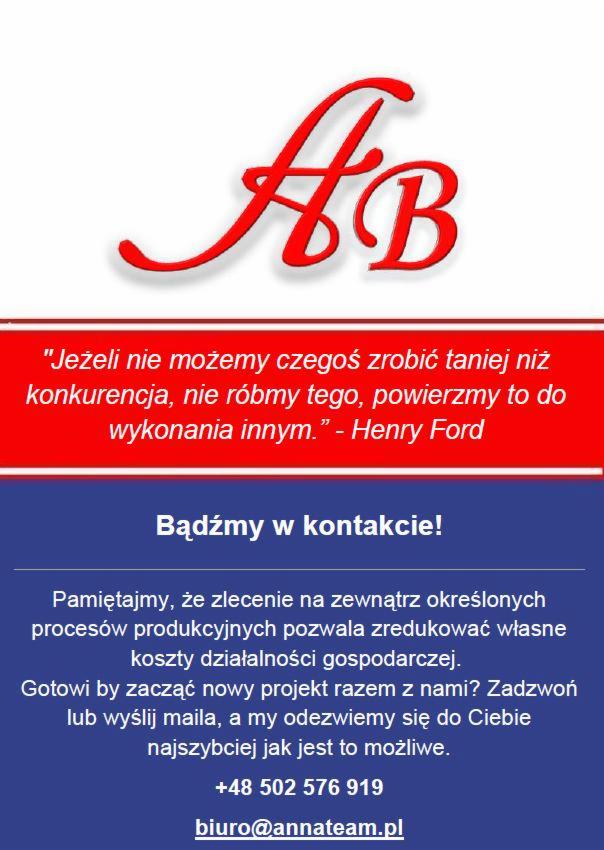 Logo firmy AB w kolorze czerwonym nad hasłem Henry'ego Forda o zlecaniu zadań taniej konkurencji, poniżej dane kontaktowe i zachęta do współpracy.