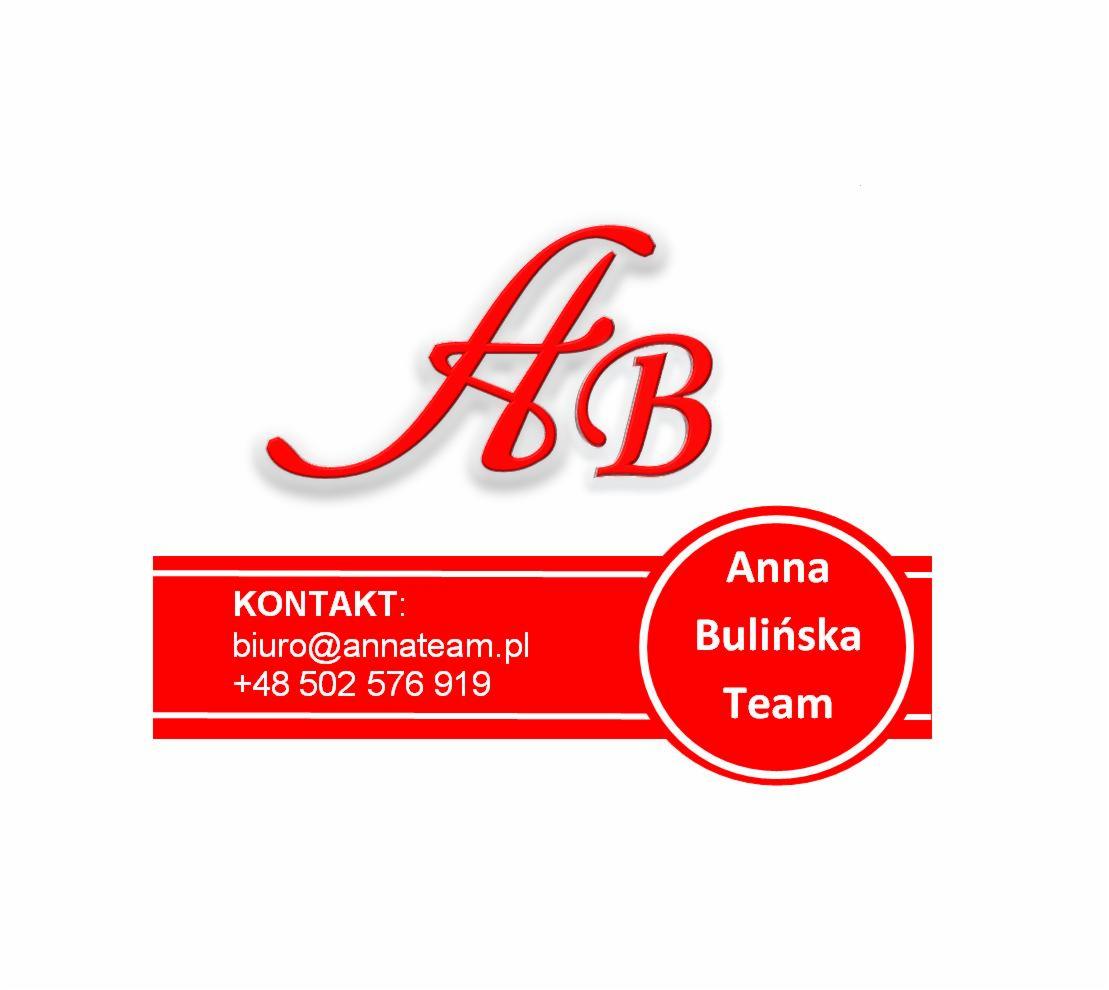 Logo firmy Anna Bulińska Team z czerwonym, stylizowanym napisem AB oraz danymi kontaktowymi: adresem e-mail i numerem telefonu.