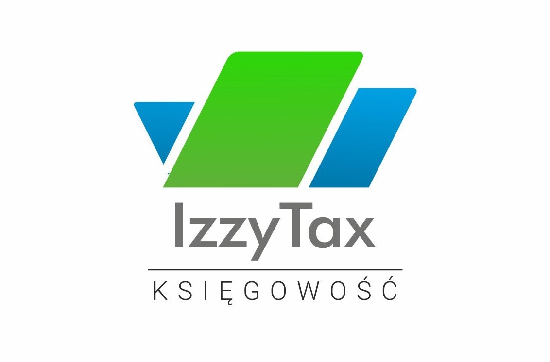 Logo IzzyTax: zielony i niebieski symbol graficzny nad nazwą firmy i słowem 'KSIĘGOWOŚĆ' na białym tle. Prosty, nowoczesny design.