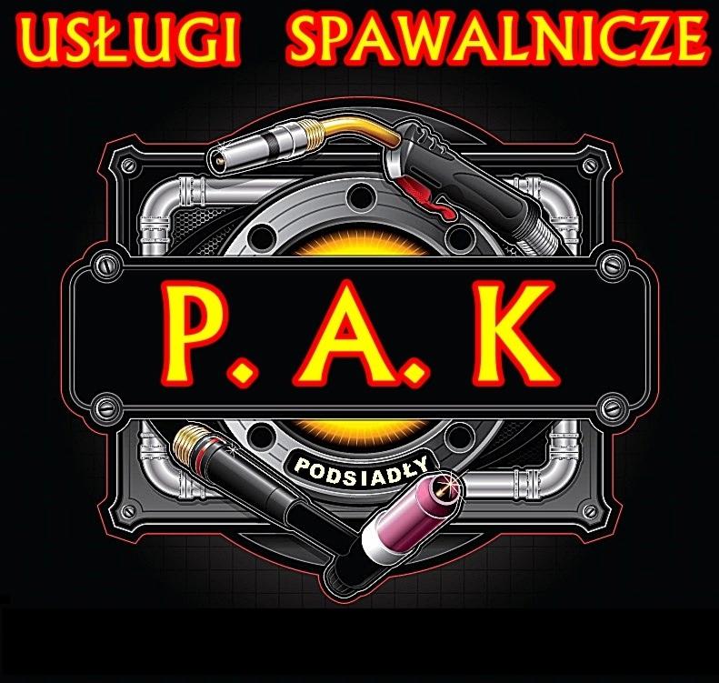 Grafika wektorowa z napisem 'Usługi Spawalnicze' i inicjałami 'P.A.K', otoczona stylizowanymi elementami spawalniczymi i rurami.