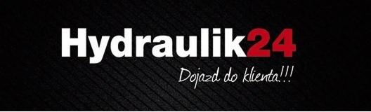 Logo firmy hydraulicznej 'Hydraulik24' na czarnym tle z hasłem 'Dojazd do klienta!!!'