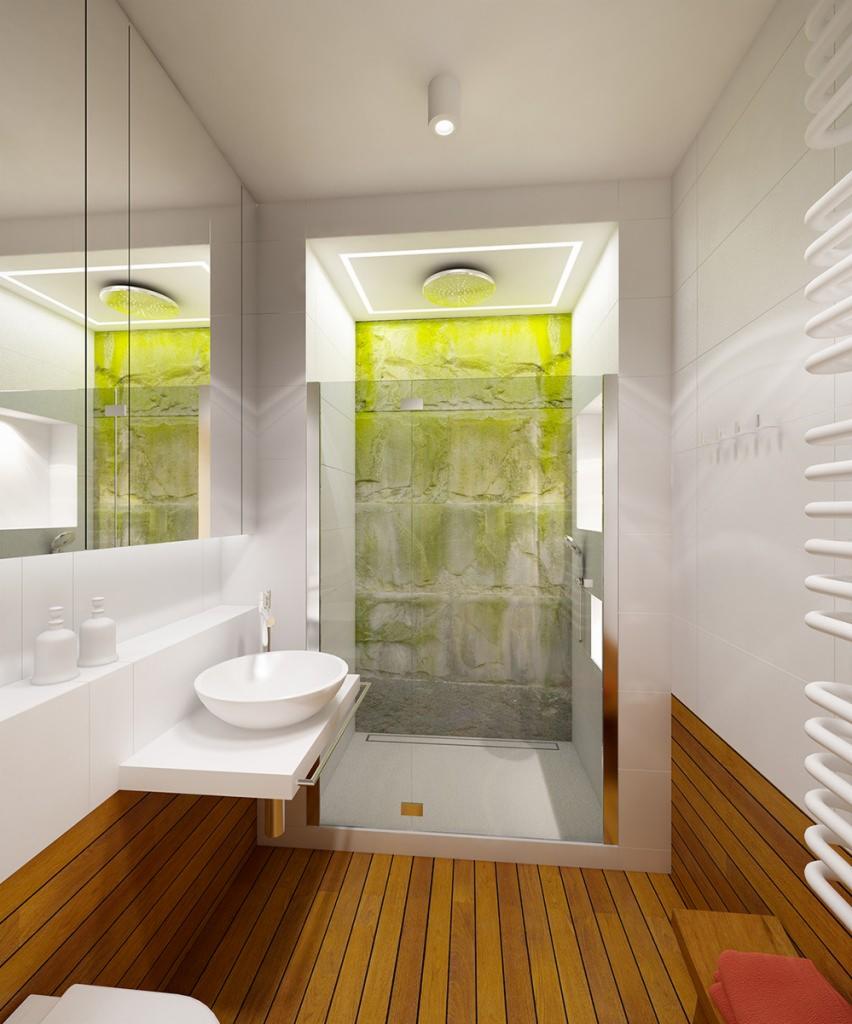 projekt łazienki z drewnianą podłogą