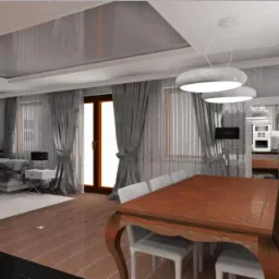 Wizualizacja eleganckiego salonu z jadalnią, ukazująca duży drewniany stół z krzesłami, szarą sofę narożną z wzorzystymi poduszkami oraz abstrakcyjny obraz w fioletowych tonacjach na ścianie.