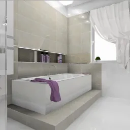 Jasna, przestronna łazienka w Szczecinie z wanną na podeście, akcentem w postaci fioletowego ręcznika i oknem z białą, zwiewną firanką.