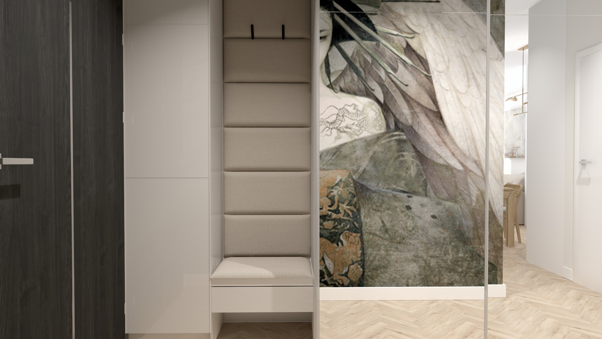 Wnęka w przedpokoju z siedziskiem i panelem tapicerowanym, obok szafa w zabudowie i lustro z fototapetą przedstawiającą postać anioła.
