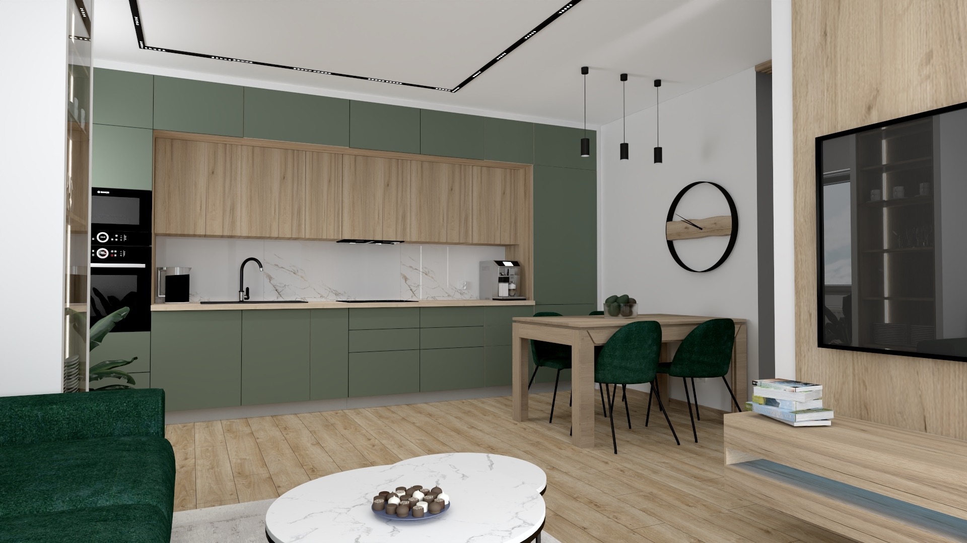 Wizualizacja wnętrza: kuchnia z zabudową w odcieniach zieleni i drewna, stół z krzesłami obitymi butelkową zielenią, okrągły stolik kawowy z marmurowym blatem i dekoracją, drewniana podłoga...