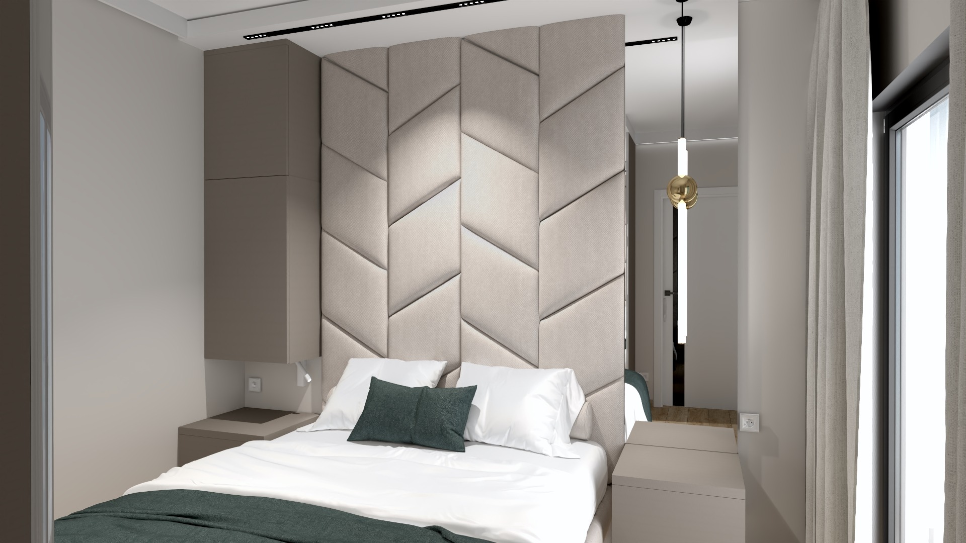 Nowoczesna sypialnia z tapicerowanym panelem zagłówkowym w geometryczny wzór, białą pościelą z zielonymi akcentami i minimalistycznym oświetleniem.