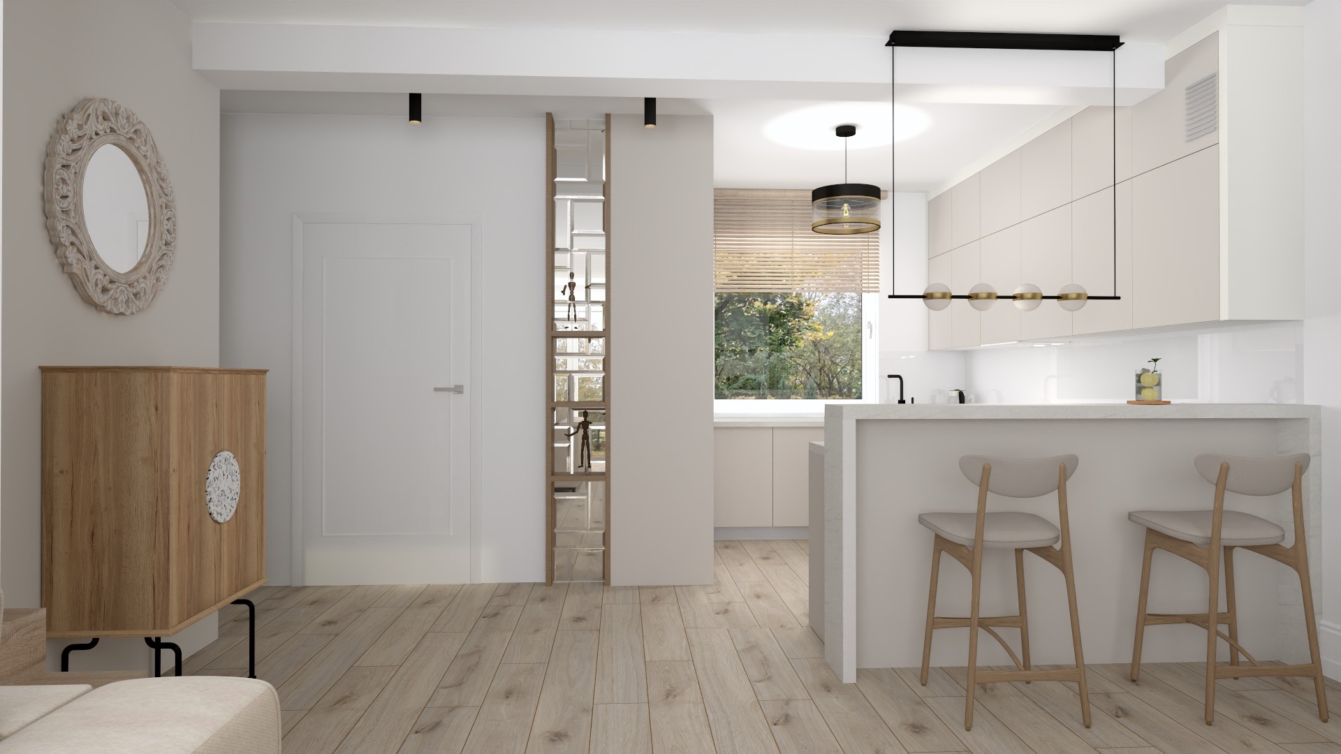 Jasne wnętrze mieszkania z drewnianą podłogą, szafką z okrągłym wzorem, lustrem w ozdobnej ramie, ścianką działową z lustrami i widokiem na kuchnię z hokerami.