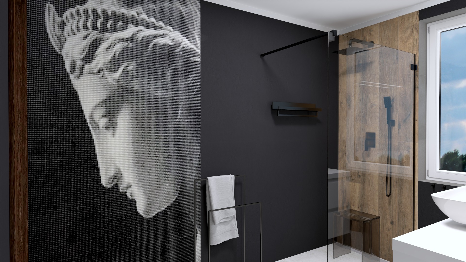 Nowoczesna łazienka z czarną ścianą, kabiną prysznicową z elementami drewna, ręcznikiem na wieszaku i abstrakcyjnym portretem na ścianie.