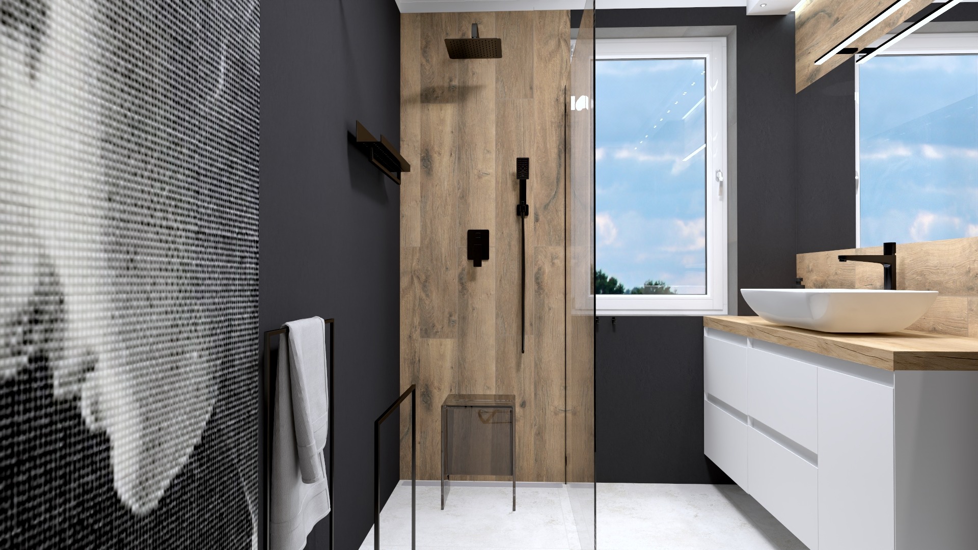 Nowoczesna łazienka z kabiną prysznicową typu walk-in, drewnopodobnymi panelami ściennymi, czarną armaturą i umywalką nablatową na białej szafce z drewnianym blatem.