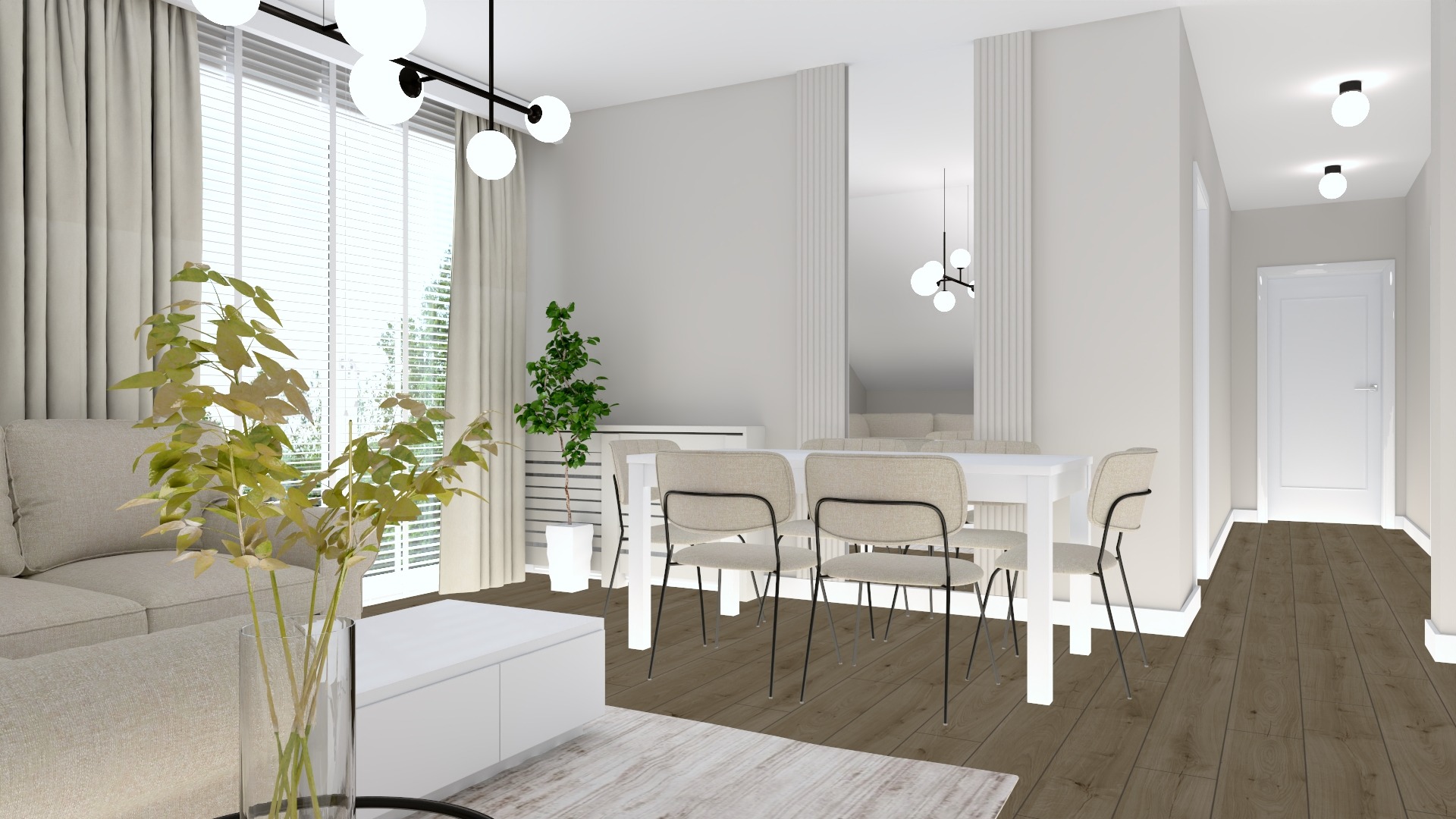 Wizualizacja jasnego salonu z jadalnią, minimalistyczny wystrój, drewniana podłoga, białe meble, rośliny doniczkowe i nowoczesne oświetlenie.