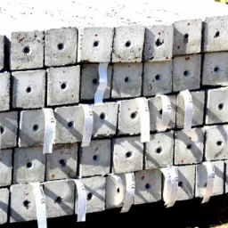 Szare, betonowe słupki ogrodzeniowe ułożone w stos, każdy z otworem i etykietą z oznaczeniem CE.