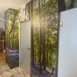 Wnętrze z fototapetą przedstawiającą las z kwitnącymi dzwonkami, obok matowe drzwi i fragment ściany pomalowanej na biało.