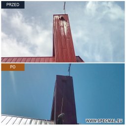 SPECMAL - Malowanie dachów na Podkarpaciu - Wieża kościoła przed i po czyszczeniu, widok z dołu. Na górnym zdjęciu widoczne zabrudzenia, na dolnym czysta powierzchnia. Prace wysokościowe.