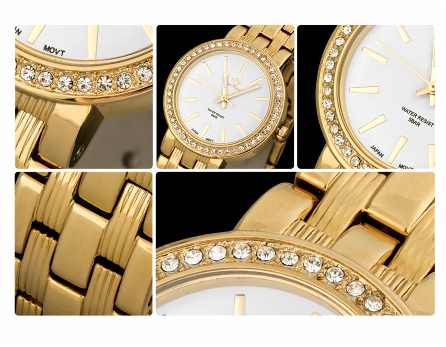 Kolaż detali złotego damskiego zegarka z kryształkami, pokazujący tarczę, pasek i napis 'Water Resist 5BAR'.