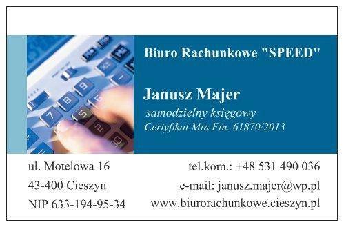 Wizytówka biura rachunkowego z kalkulatorem, danymi kontaktowymi i certyfikatem.