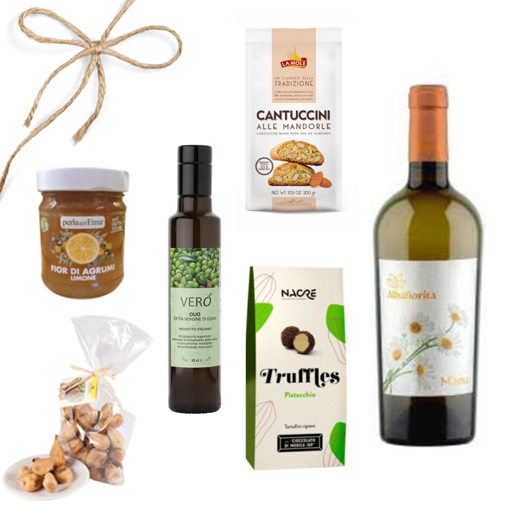 Kosz prezentowy z włoskimi specjałami: dżem cytrynowy, oliwa z oliwek, cantuccini migdałowe, trufle pistacjowe i butelka białego wina, związany jutowym sznurkiem.