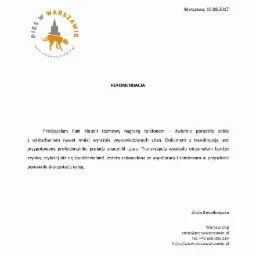 Skan referencji dla firmy Warsaw Dog z datą 10.08.2017, zawierający pozytywną opinię na temat transkrypcji nagrania rozmowy telefonicznej przez Panią Klaudię, z logo firmy w lewym g&oacute;rnym rogu.