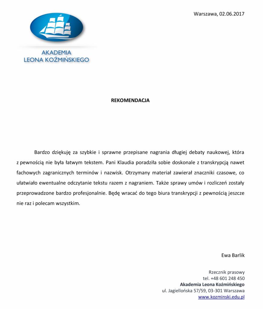 Skan rekomendacji dla biura transkrypcji, z podziękowaniem za szybkie i sprawne przepisanie nagrań debaty naukowej zawierającej specjalistyczne terminy, wystawionej przez rzecznik prasową Akademii...