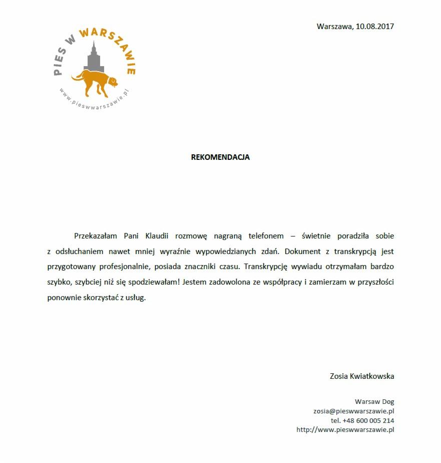 Skan referencji dla firmy Warsaw Dog z datą 10.08.2017, zawierający pozytywną opinię na temat transkrypcji nagrania rozmowy telefonicznej przez Panią Klaudię, z logo firmy w lewym górnym rogu.