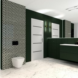 Ami Interior Projektowanie Wnętrz Renata Olejniczak - Elegancka łazienka w odcieniach zieleni z marmurową podłogą. Uwagę zwracają geometryczne wzory na ścianie i złote akcenty armatury. Minimalistyczny design.