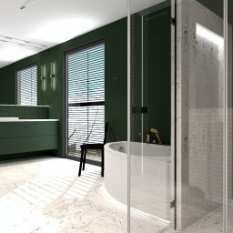 Ami Interior Projektowanie Wnętrz Renata Olejniczak - Nowoczesna łazienka z zielonymi ścianami i marmurową podłogą. Kabina prysznicowa ze szklanymi drzwiami, biała wanna, czarne krzesło przy oknie z żaluzjami.