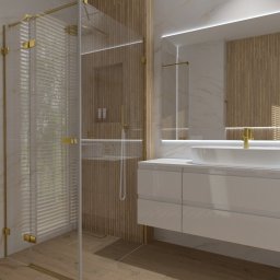 Ami Interior Projektowanie Wnętrz Renata Olejniczak - Nowoczesna łazienka z kabiną prysznicową i umywalką w Borówcu. Drewniane żaluzje w oknie i podświetlane lustro dodają elegancji. Minimalistyczny design.