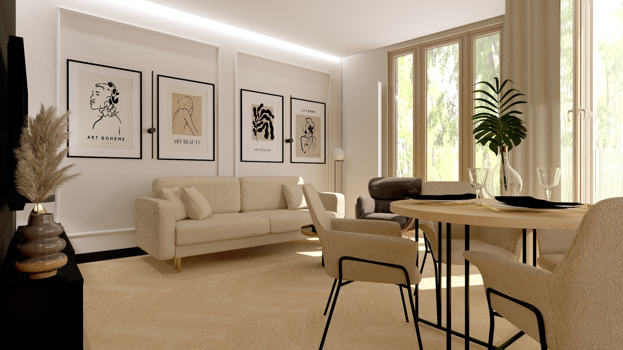 Jasne wnętrze: sofa, okrągły stół z nakryciem, grafiki na ścianie. Minimalistyczny design z elementami boho i naturalnym światłem wpadającym przez duże okna.