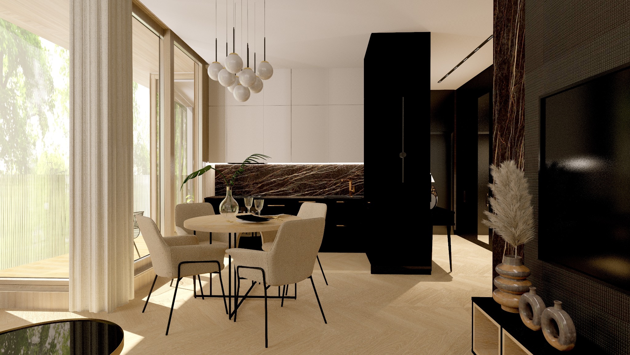 Nowoczesna jadalnia z okrągłym stołem, krzesłami na czarnych nogach i marmurowym blatem w tle, oświetlona lampą wiszącą. Widok na taras przez przesuwne drzwi.