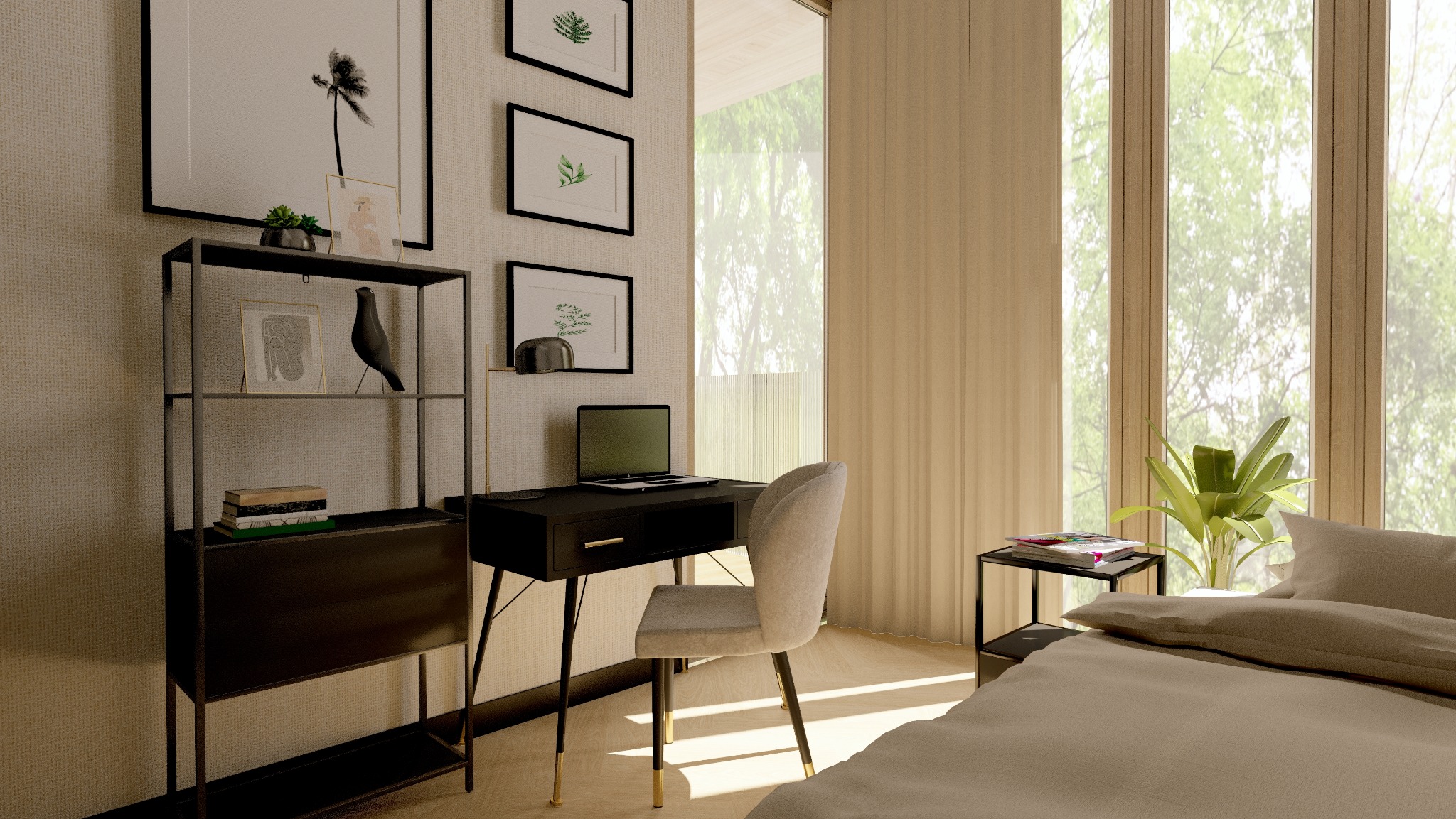 Pokój z biurkiem, regałem i łóżkiem w neutralnej kolorystyce. Na ścianie grafiki w czarnych ramkach. Duże okno z widokiem na zieleń. Stonowana, przytulna aranżacja.