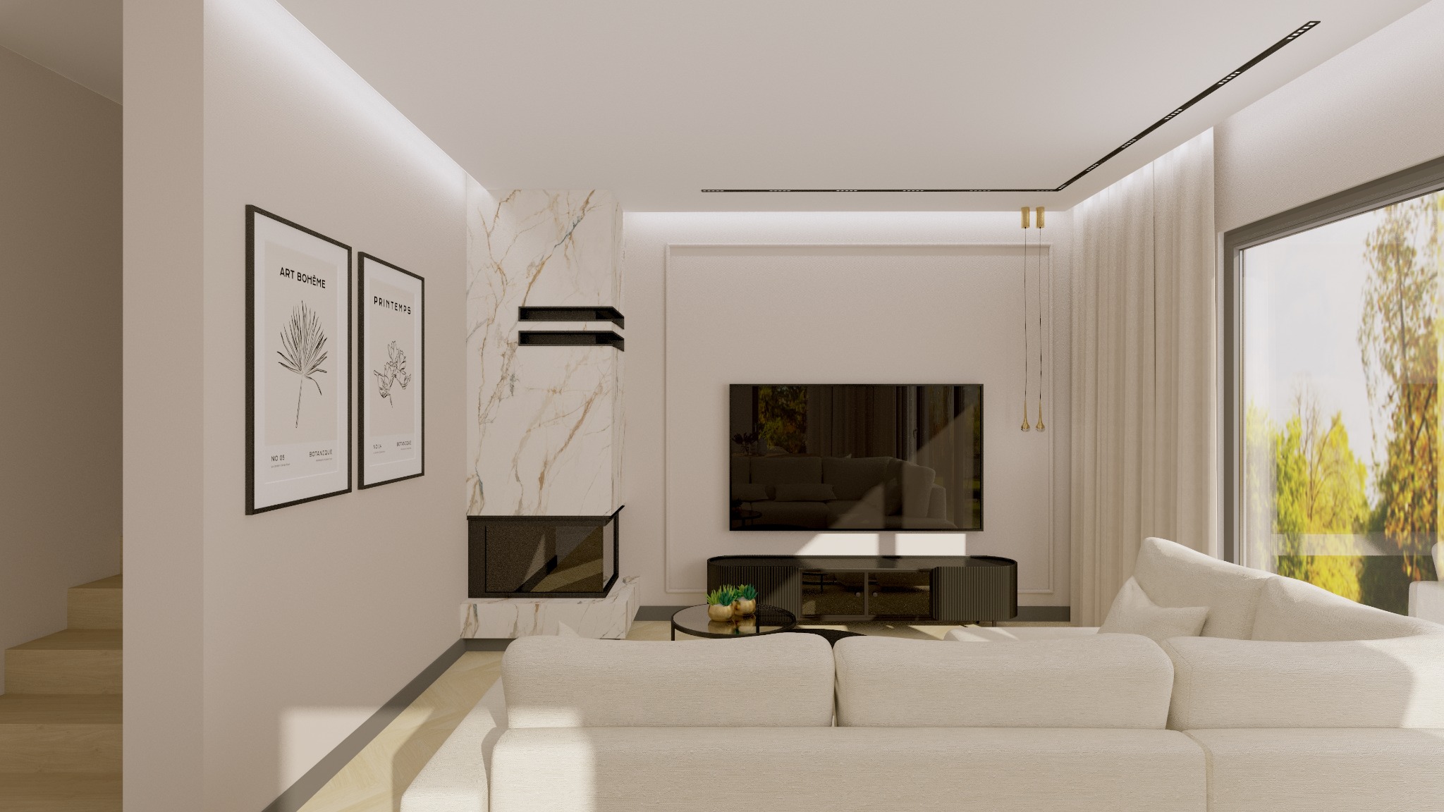 Jasne wnętrze salonu z kominkiem obłożonym marmurem, minimalistycznym telewizorem i kremową sofą. Na ścianie grafiki w czarnych ramach.