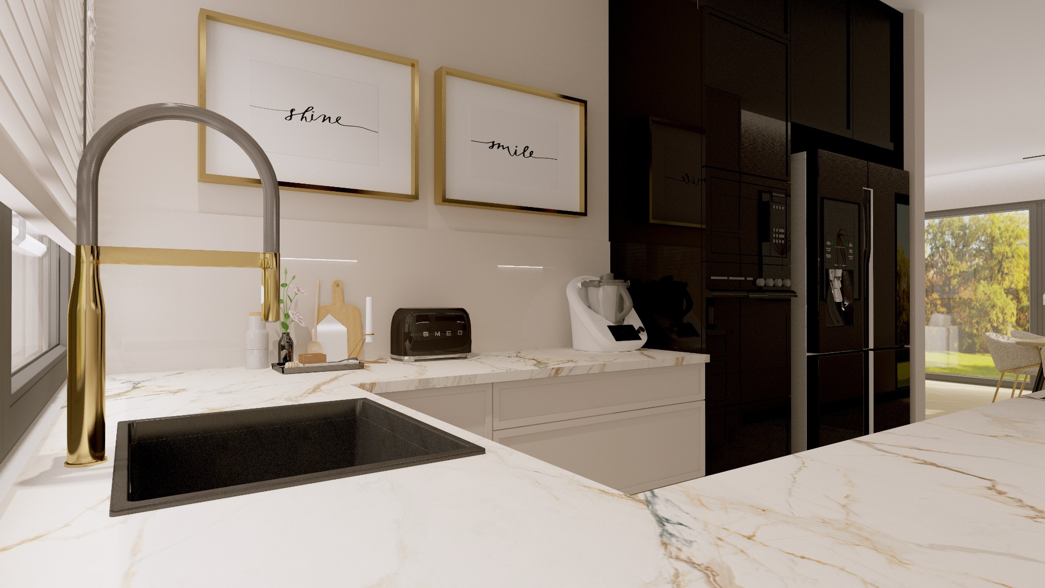 Nowoczesna kuchnia z marmurowym blatem, czarnym zlewem i złotą armaturą. Na ścianie grafiki w złotych ramach. W tle okno z widokiem na zieleń.