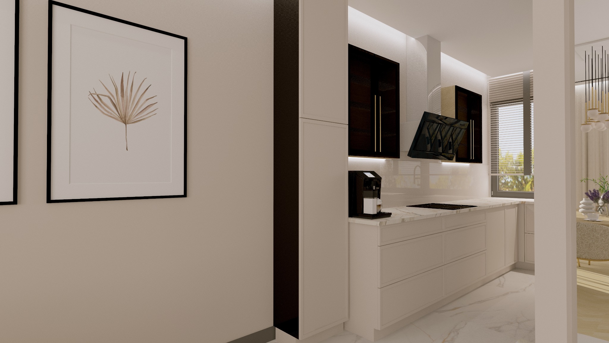 Nowoczesna kuchnia z białymi szafkami, czarnymi akcentami i marmurową podłogą. Na ścianie grafika z motywem roślinnym w czarnej ramie. Widoczny ekspres do kawy.