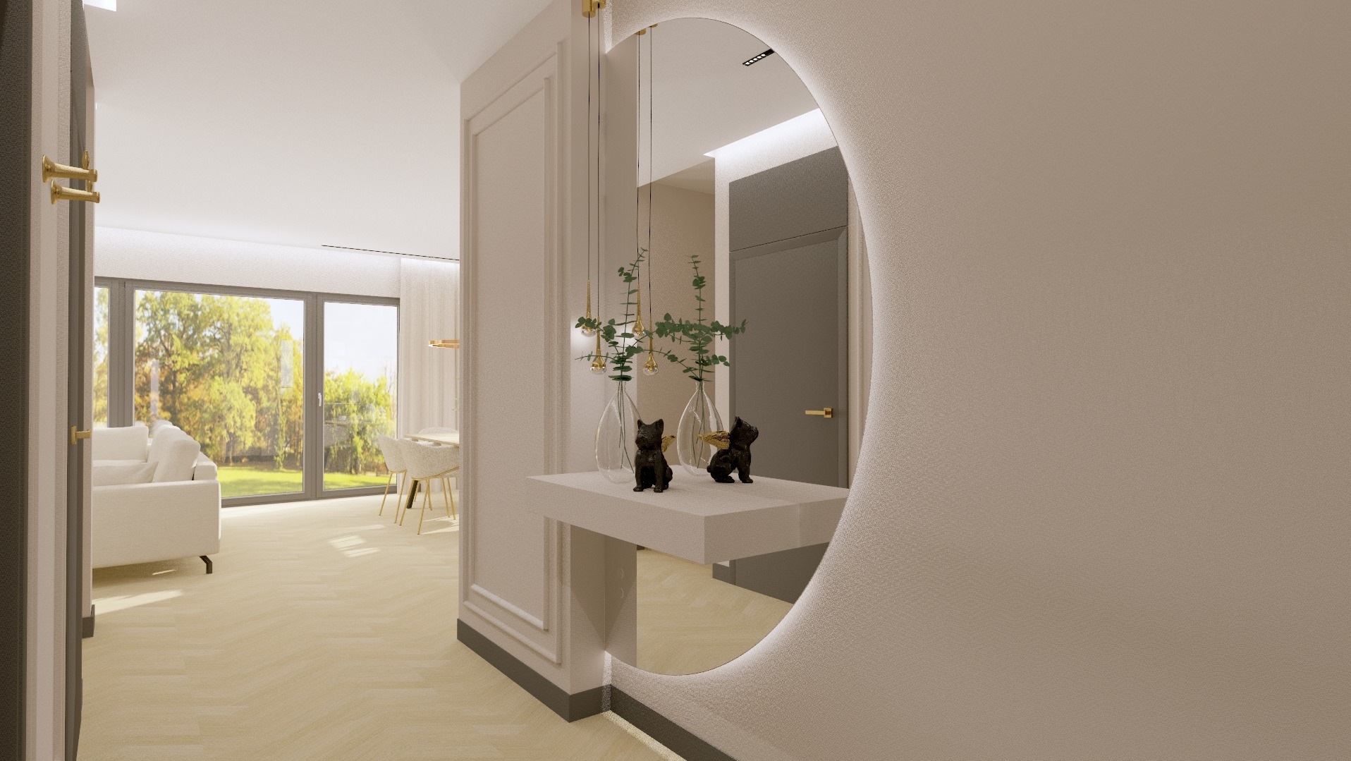 Elegancki przedpokój z okrągłym lustrem i konsolą. W lustrze odbija się salon z widokiem na ogród. Minimalistyczny design, jasne kolory, naturalne światło.