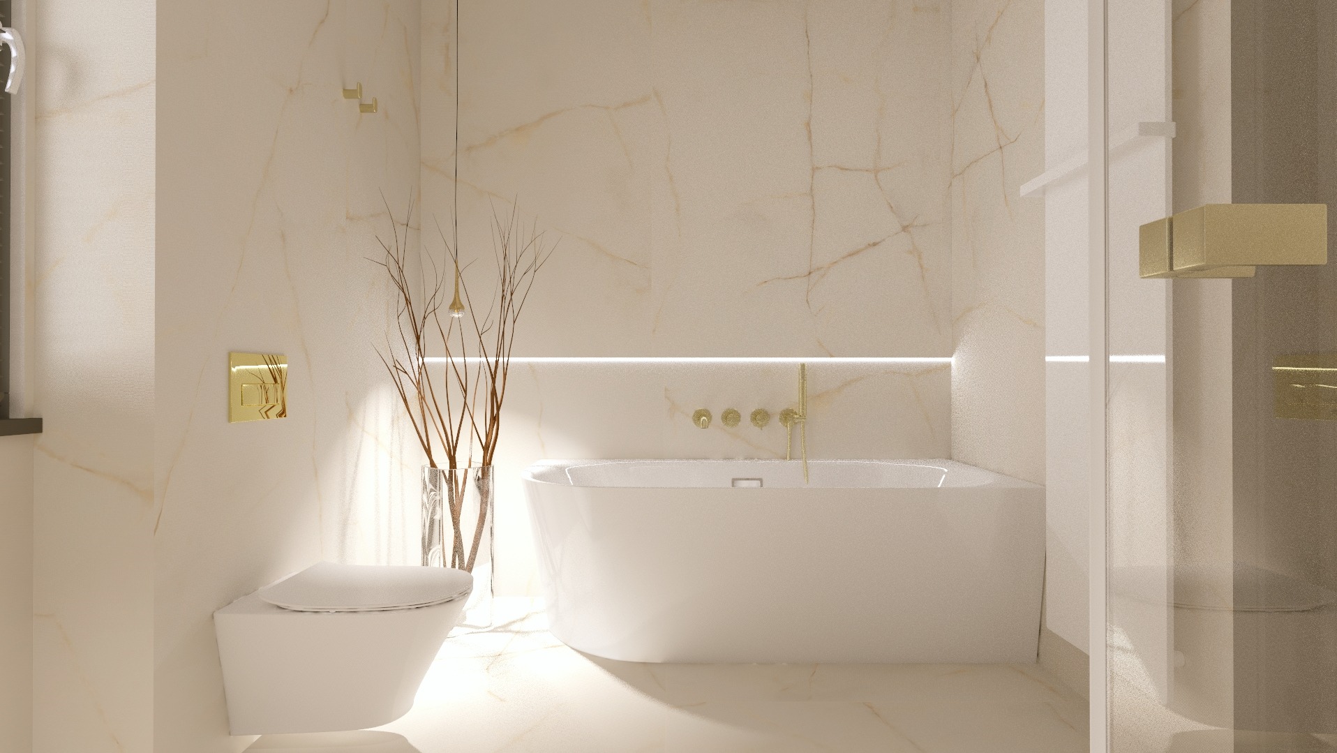 Elegancka łazienka z wanną i toaletą w odcieniach beżu i złota. Marmurowe ściany, minimalistyczne dodatki, szklana kabina prysznicowa i dekoracyjne gałązki w wazonie.