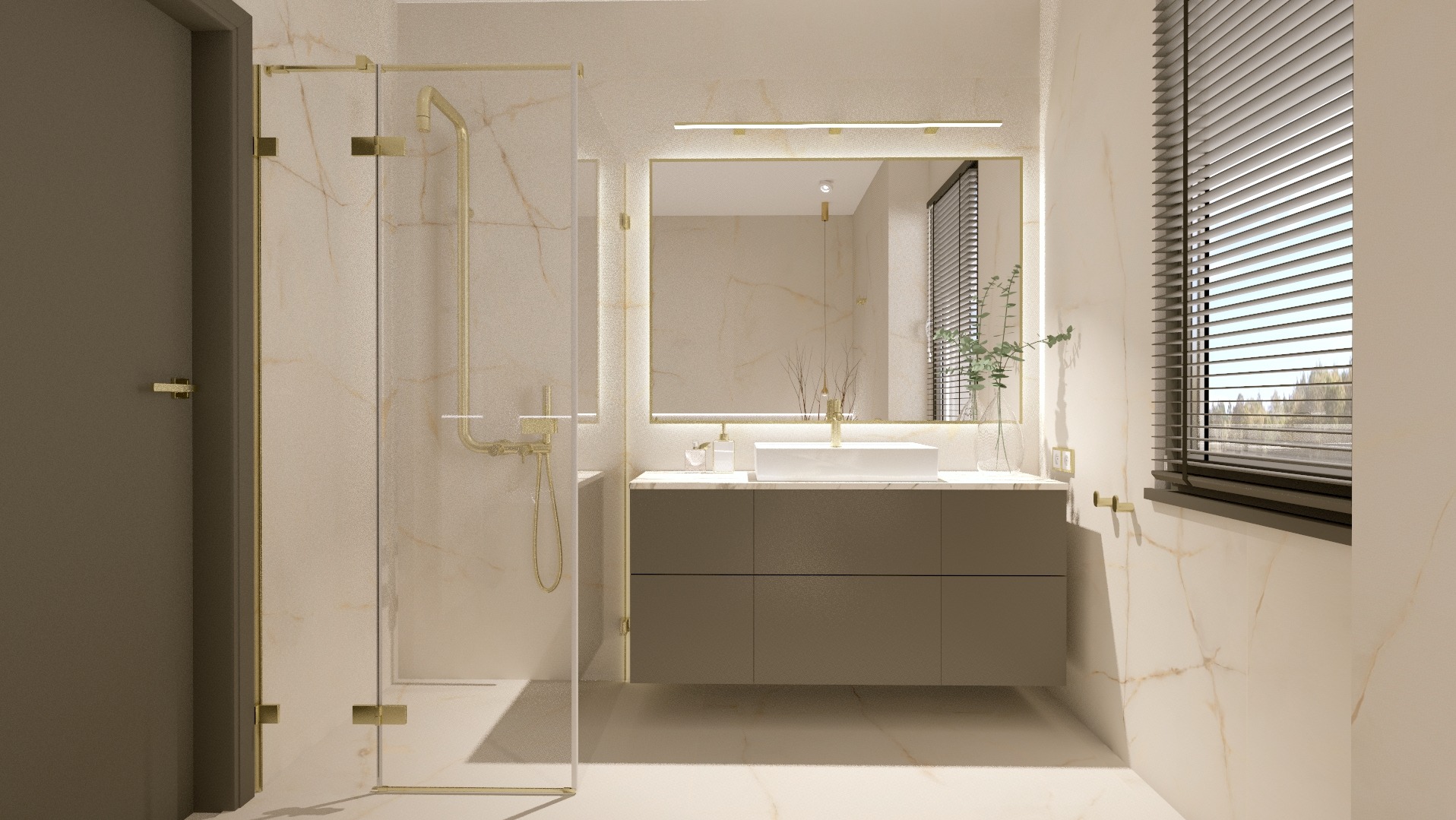 Elegancka łazienka z kabiną prysznicową ze złotymi detalami, umywalką nablatową i dużym lustrem z oświetleniem. Marmurowe ściany i żaluzje w oknie.